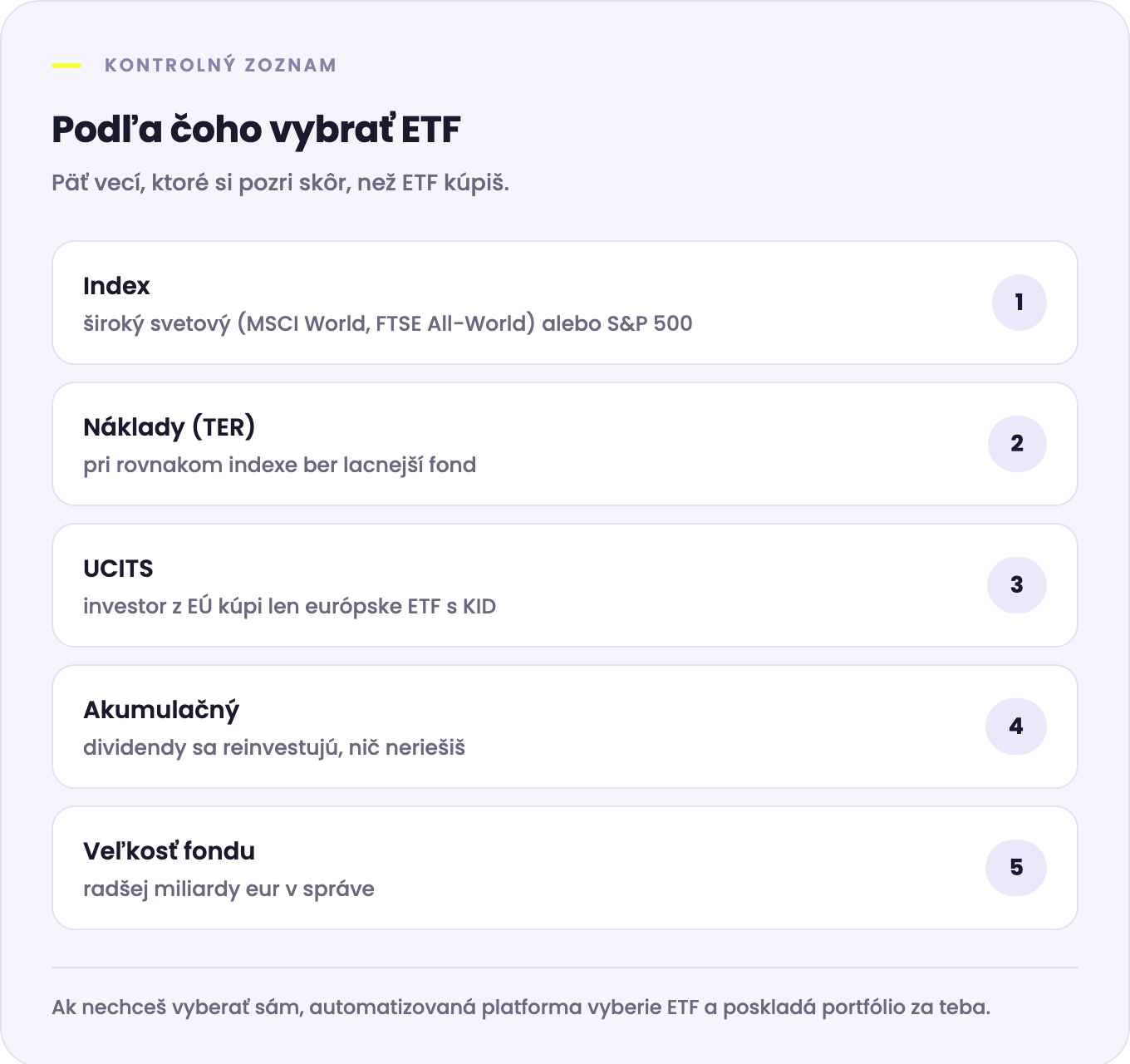 Päť vecí, podľa ktorých vybrať ETF: index, náklady TER, UCITS, akumulačný alebo distribučný, veľkosť fondu